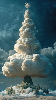 Nuclear mushroom cloud in the shape of a Christmas tree with star on top. Atomic bomb explosion. World war and apocalyptic new year concept.