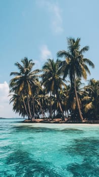 Tropical beach with palm trees and turquoise water in ocean. Paradise island on a sunny day. Trip, travel and vacation concept.