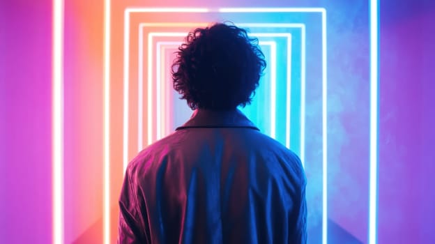Back view of a man standing in front of a glowing neon frame portal door. Urban nightlife concept.