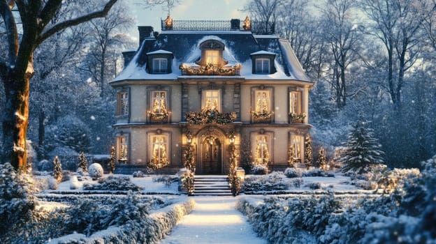 French style house decorated and illuminated for Christmas and New Year. City mansion in winter park covered with snow.