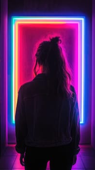 Back view of a woman standing in front of a glowing neon frame portal door. Urban nightlife concept.
