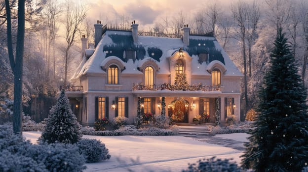 French style house decorated and illuminated for Christmas and New Year. City mansion in winter park covered with snow.