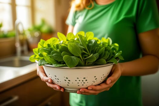 A person holding a white bowl filled with fresh spinach leaves in a naturally lit kitchen. Health, nutrition, and fresh cooking ingredients.