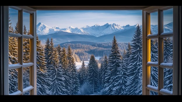 Beautiful serene view of the winter mountains and forest through an open wooden window. Snowy landscape on a sunny day.