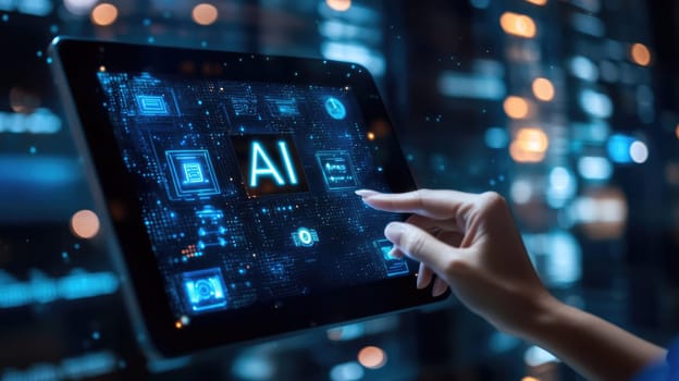 Human hand touching screen with AI letters in cyberspace. Virtual reality, programming and information technology of the future. Artificial intelligence, digital code data and cybersecurity.