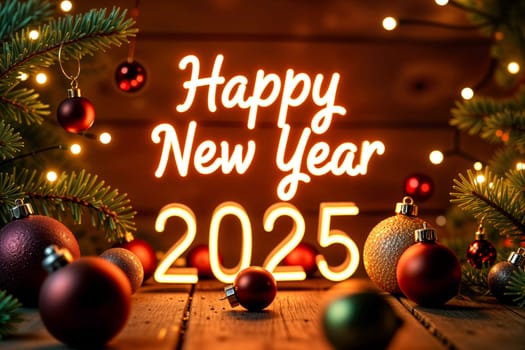 Festive Happy New Year 2025 neon sign surrounded by Christmas ornaments, pine branches, and glowing lights. Holiday celebrations and New Year's promotions.