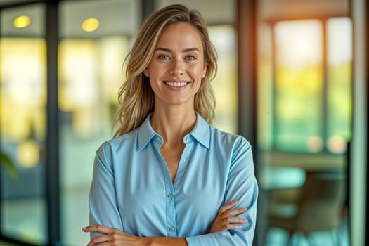 Portrait of a confident young businesswoman standing with arms crossed in a bright, modern office. Professionalism, success, and workplace inspiration