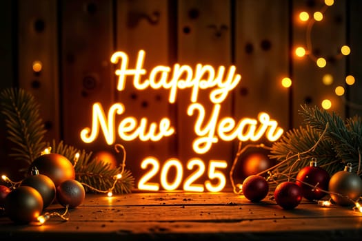 Neon sign displaying Happy New Year 2025 with festive decorations, warm lights, and Christmas ornaments on a wooden surface. Holiday celebration themes.