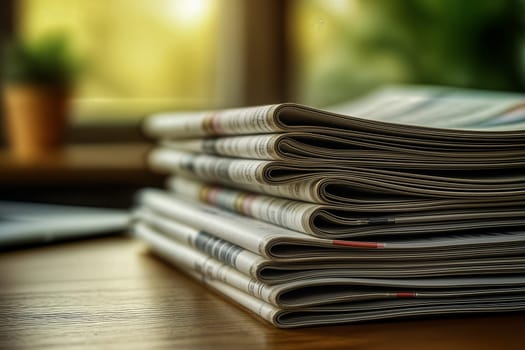 Folded newspapers stacked on a wooden surface in a warmly lit interior with a blurred background. News, journalism, and traditional media