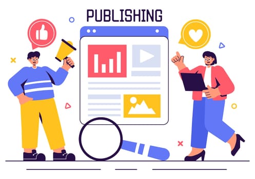 Digital Publishing Vector Illustration featuring Blog Content Marketing, Writing for Social Media, and Webpage Organization in a Flat Style Background