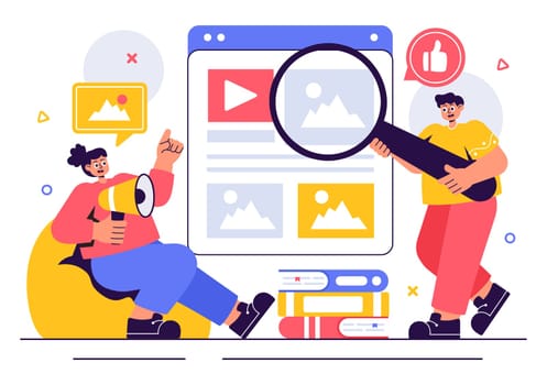 Digital Publishing Vector Illustration featuring Blog Content Marketing, Writing for Social Media, and Webpage Organization in a Flat Style Background