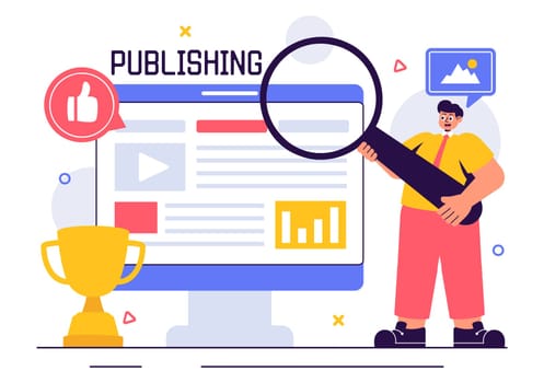 Digital Publishing Vector Illustration featuring Blog Content Marketing, Writing for Social Media, and Webpage Organization in a Flat Style Background
