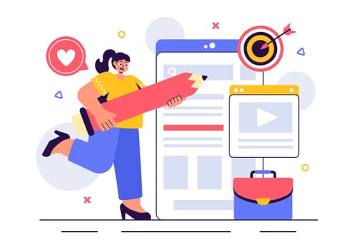 Digital Publishing Vector Illustration featuring Blog Content Marketing, Writing for Social Media, and Webpage Organization in a Flat Style Background