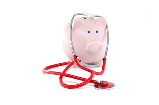 A piggy bank wearing a stethoscope, symbolizing the connection between financial health and saving habits. Perfect for concepts of savings, wealth management, and financial well-being.