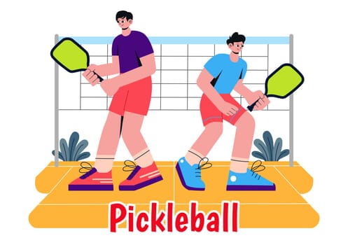 Pickleball Game Sport Illustration featuring Pickleball Players with Rackets, Paddles, and a Court for Sports Activities and Matches in a Background