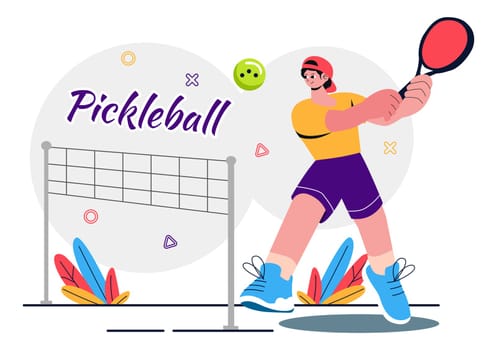 Pickleball Game Sport Illustration featuring Pickleball Players with Rackets, Paddles, and a Court for Sports Activities and Matches in a Background