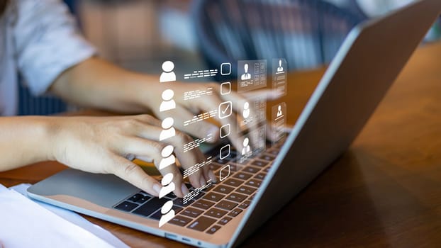 Human resource manager checks the CV online to choose the perfect employee for his business, Online and modern technologies for simplifying the human resources system, HR technology.