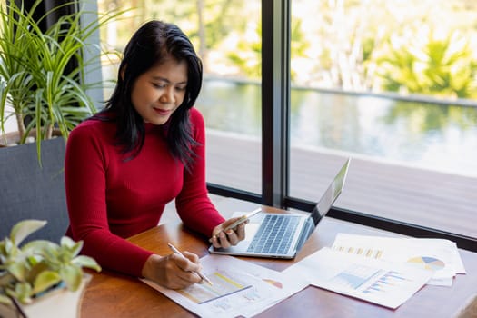 Busness women wearing red sweater working about new startup on smartphone to analysis finance of project in outside office, Woman working using laptop online meeting in home office.