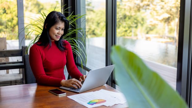 Professional women wearing red sweater working about new startup on laptop to analysis finance of project in outside office, Woman working using laptop online meeting in home office.