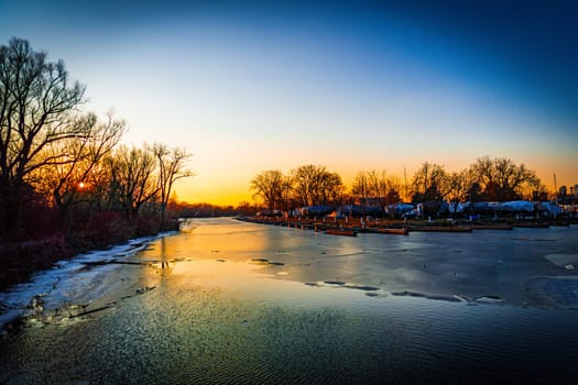 Winter scenery and sunset along the river. Shooting Location: Toronto