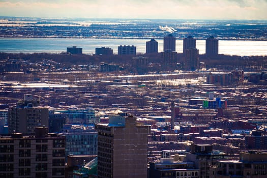 Winter cityscape and river. Shooting Location: montreal, canada