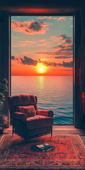 A chair is sitting in front of a window overlooking the ocean. The chair is red and the ocean is blue. The sun is setting in the background, creating a warm and peaceful atmosphere