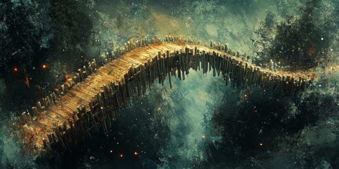 A magical wooden bridge arches through a mystical forest, surrounded by glowing particles and an ethereal atmosphere.