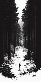 A person is walking through a forest with trees on both sides. The image is black and white and has a moody, mysterious feel to it