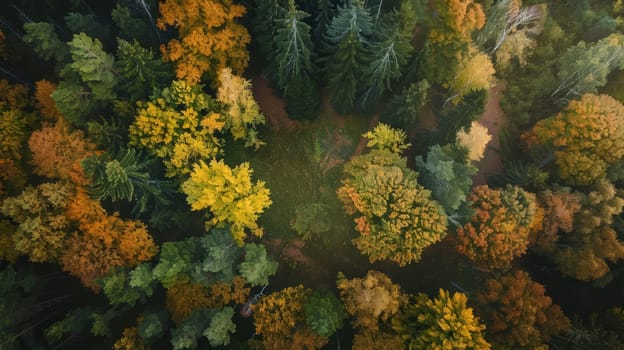 A forest with many trees and a large open area in the middle. The trees are mostly green, but some are yellow and brown