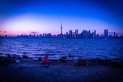 Toronto night view across the lake. Shooting Location: Toronto