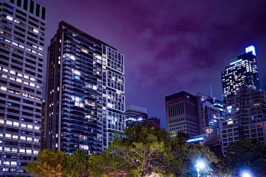 Night view of skyscrapers. Shooting Location: sydney, australia