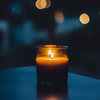 A lit candle in a glass jar emits a warm glow, creating a cozy ambiance with blurred bokeh lights in the background.