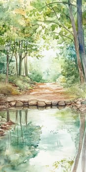 Watercolor painting of a peaceful forest path with a reflective pond, surrounded by lush trees and greenery.