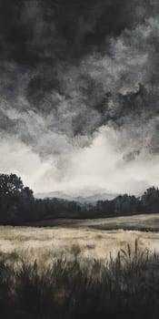 A captivating watercolor painting of a stormy sky over a tranquil countryside, showcasing dramatic clouds and rolling hills.