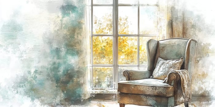 A watercolor illustration of a vintage armchair by a sunlit window, with autumn leaves visible outside.