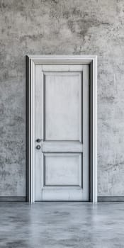 A white door with a wooden frame is standing in front of a wall. The door is open, and the wall is made of concrete