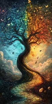 A magical tree with vivid colors and a winding path, set in a fantastical landscape filled with butterflies and clouds.