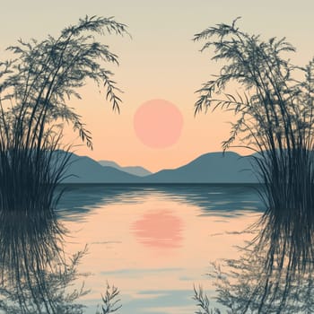 Peaceful sunset scene with reeds and mountains mirrored in a tranquil lake, capturing the beauty of nature's reflection.