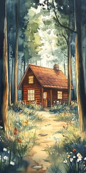 A small cabin is surrounded by trees and flowers. The cabin is painted in a warm red color