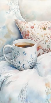 A cup of coffee is sitting on a bed with a pillow and blanket. The pillow is floral and the blanket is white. Concept of relaxation and comfort