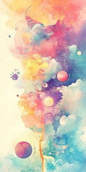 A colorful abstract watercolor artwork featuring cosmic elements and dreamy clouds in a vertical layout.