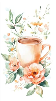 A cup of coffee is surrounded by flowers in a watercolor painting. The flowers are pink and green, and the cup is white. The painting has a warm and inviting mood