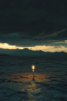A candle is lit in the middle of a desert. The sky is dark and cloudy. The candle is the only light in the scene