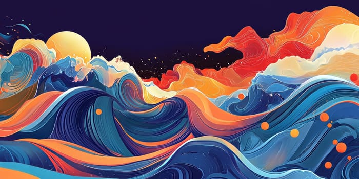 A stunning abstract illustration featuring vibrant waves, a glowing sun, and colorful clouds in a surreal landscape.