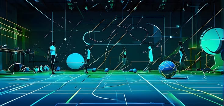 Converging digital lines and sport gear silhouettes creating an abstract pattern to show AI impact in sports training