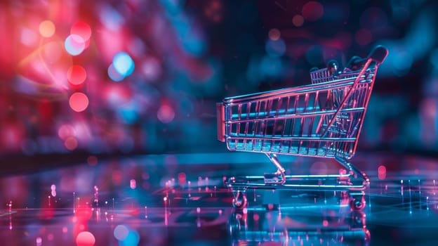 A modern shopping cart illuminated by vibrant neon lights, set against a bokeh background, symbolizing digital retail and futuristic shopping experiences.