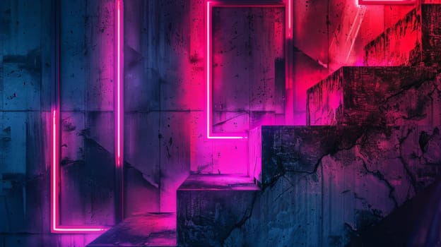 Abstract conceptual background with a mix of concrete textures and vibrant neon lights, representing urban sophistication and modernity