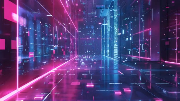 A vibrant, neon-lit corridor with digital elements and reflective surfaces, creating a futuristic sci-fi atmosphere.