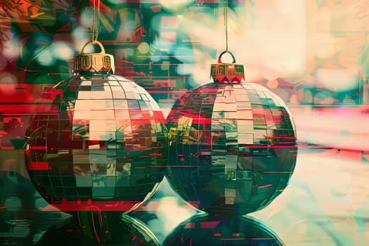 Two Christmas ornaments hanging from a tree. One is silver and the other is green. The silver ornament is hanging from the top of the tree