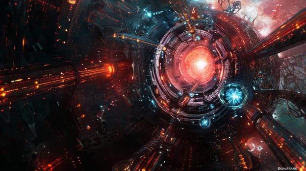 A colorful space scene with a red glowing object in the center. The image is a computer generated art piece